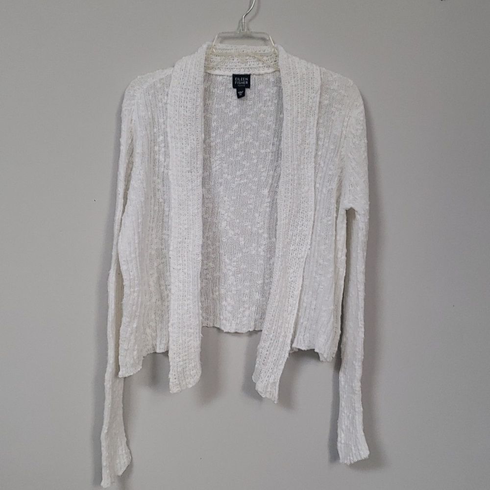 Eileen Fisher Cardigan Sweater Womens LP White Linen Cotton Buttonless Shawl